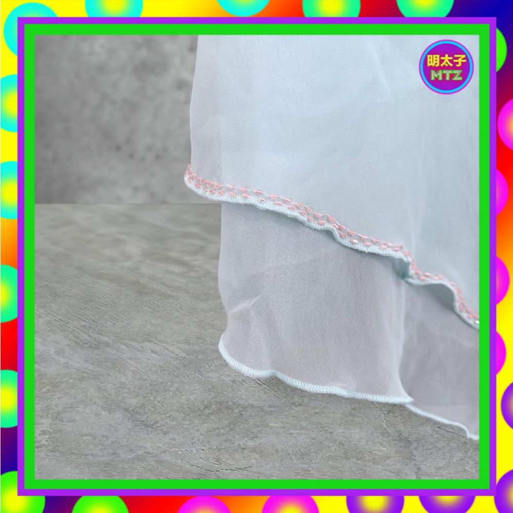 二手 CASTLE 粉藍色 薄紗飄逸 傘狀 拼接 珠飾 鬆緊領 背心 F703B 【明太子 古著應召站】-細節圖3