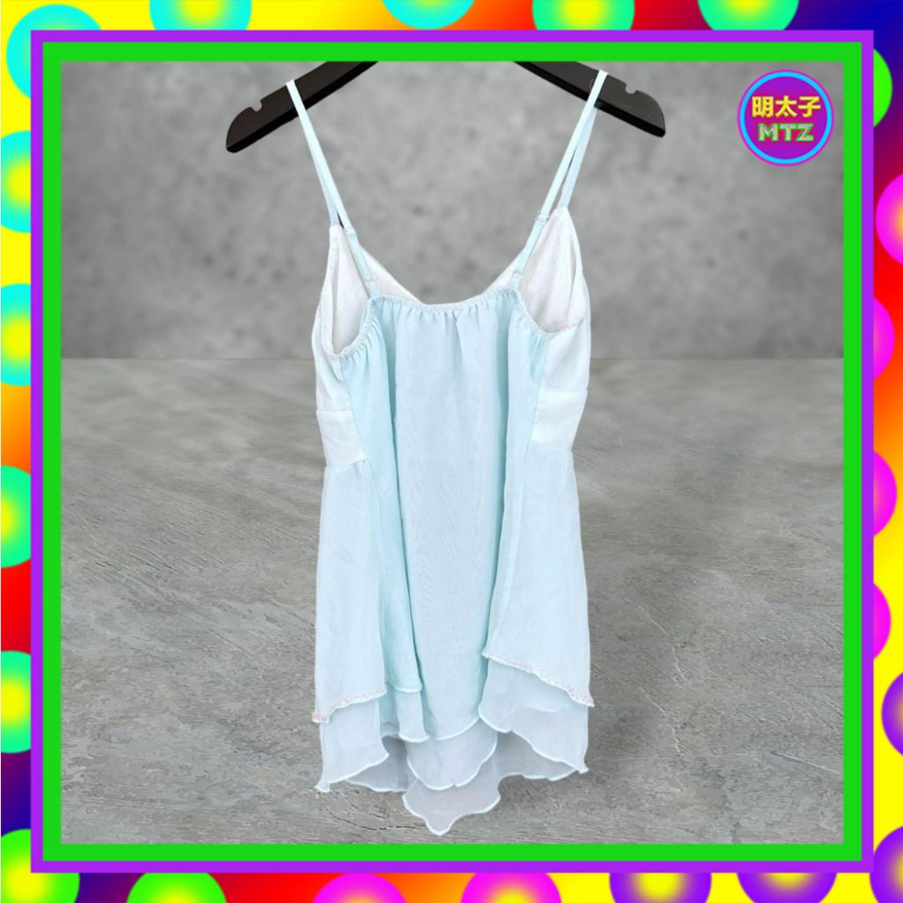 二手 CASTLE 粉藍色 薄紗飄逸 傘狀 拼接 珠飾 鬆緊領 背心 F703B 【明太子 古著應召站】-細節圖4