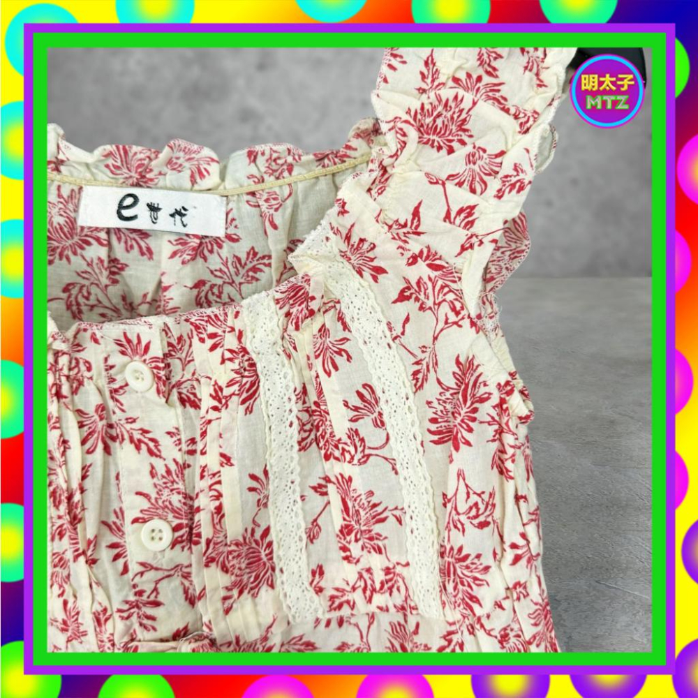 二手 E世代 紅米配色 輕薄 微挺 印花 胸下抽繩 拼接 蕾絲 排釦 背心 F703 【明太子 古著應召站】-細節圖2