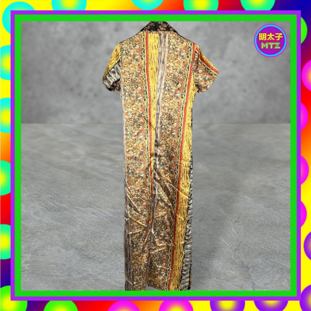 二手 C2 棕黑配色 彩色印花 緞面 輕薄 側拉鍊 寬鬆 短袖 洋裝 F619 【明太子 古著應召站】-細節圖3