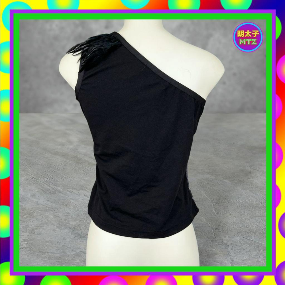 二手 BAITER 黑色 印花 彈性 拼接 羽毛 斜肩 合身 背心 PF517B 【明太子 古著應召站】-細節圖3