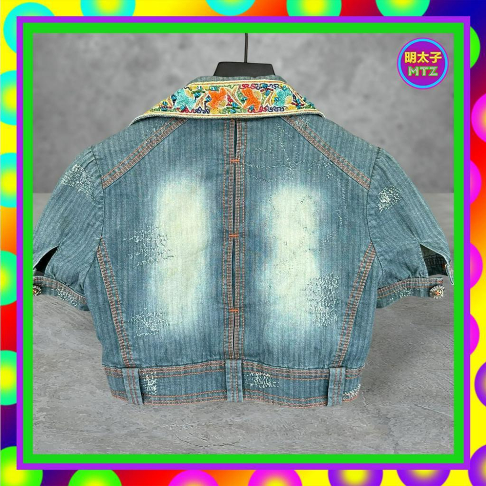 二手 FASHION SHOW 藍色 牛仔 微彈性 拼接 珠飾亮片 短版 短袖 襯衫 PF517B【明太子 古著應召站】-細節圖3