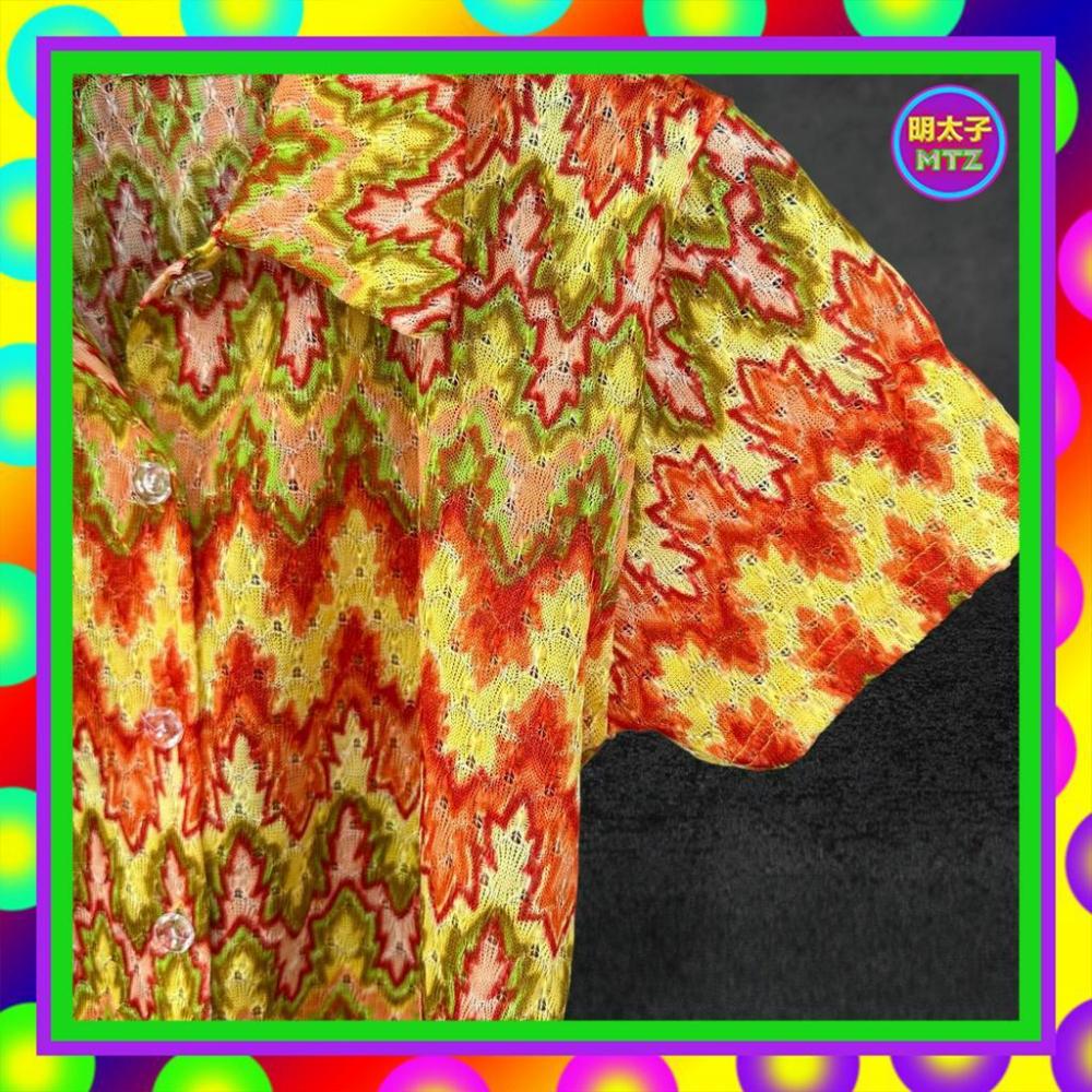 二手 LOUIS 橘紅綠配色 織紋 略鏤空 略透 彈性 短袖 襯衫 PF517 【明太子 古著應召站】-細節圖2