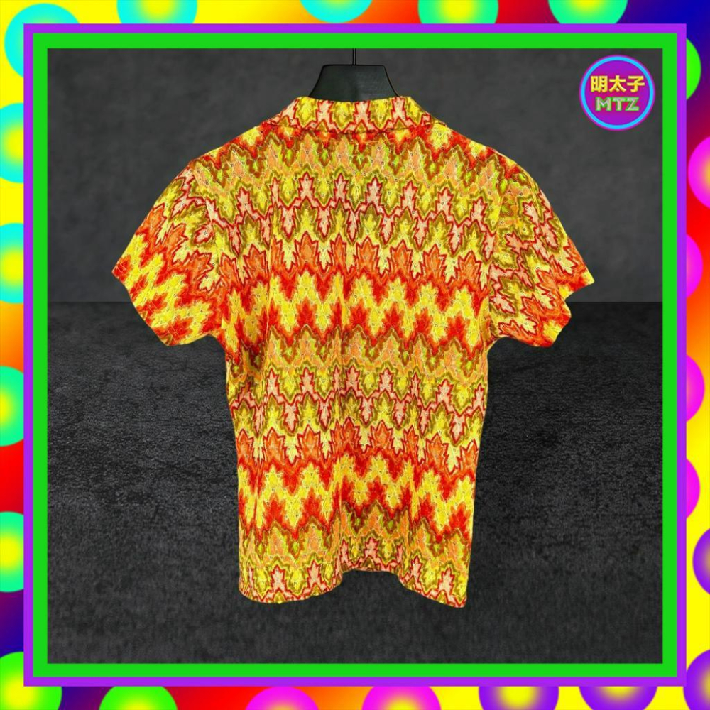 二手 LOUIS 橘紅綠配色 織紋 略鏤空 略透 彈性 短袖 襯衫 PF517 【明太子 古著應召站】-細節圖3