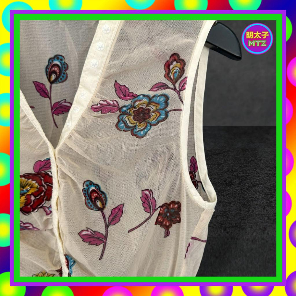 二手 E. generation 膚色 印花 抓皺 半透 排釦 彈性 背心 F615 【明太子 古著應召站】-細節圖2