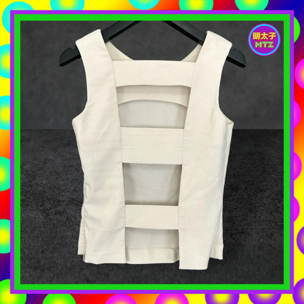 二手 AMOEBA 米色 輕薄 微挺 彈性 拼接 簍空背 側拉鍊 背心 F612 【明太子 古著應召站】-細節圖3