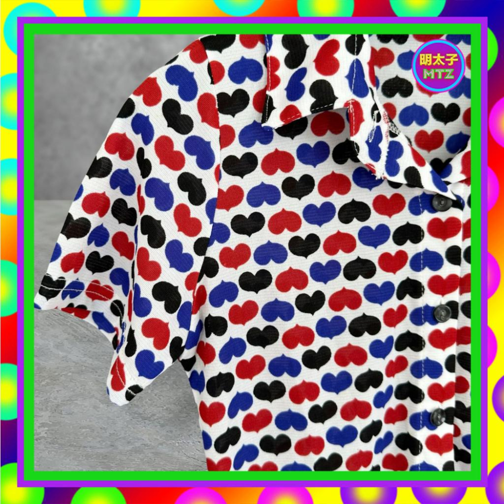 二手 白黑藍紅配色 印花 微透 高彈性 短袖 襯衫 F606 【明太子 古著應召站】-細節圖2