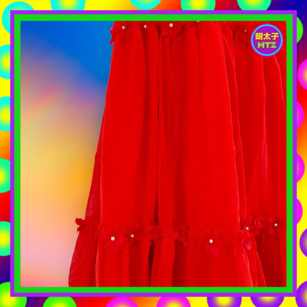 二手 鮮紅色 薄紗飄逸 拼接 荷葉領 大傘裙 七零年代 古董 禮服 洋裝 F606 【明太子 古著應召站】-細節圖2