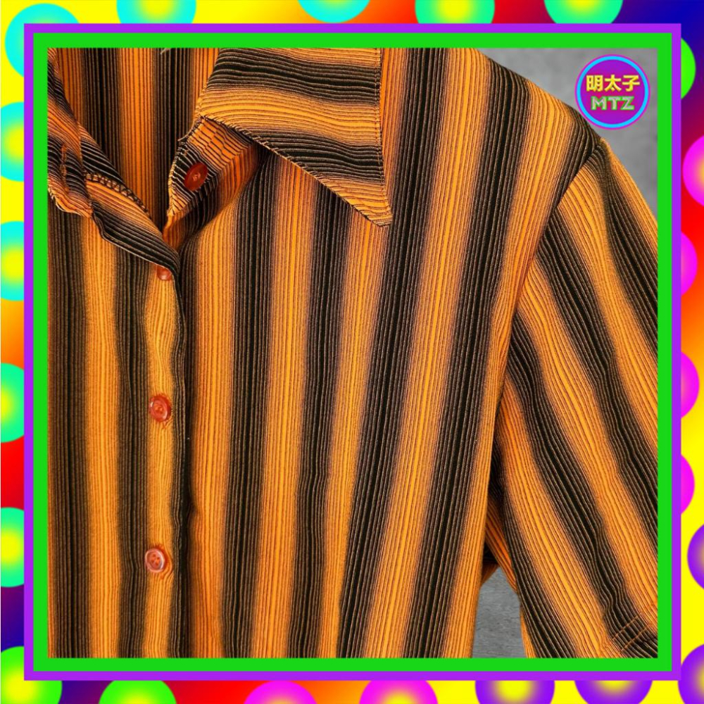 二手 亮橘黑配色 漸層條紋 微厚 彈性 短袖 襯衫 F531 【明太子 古著應召站】-細節圖2