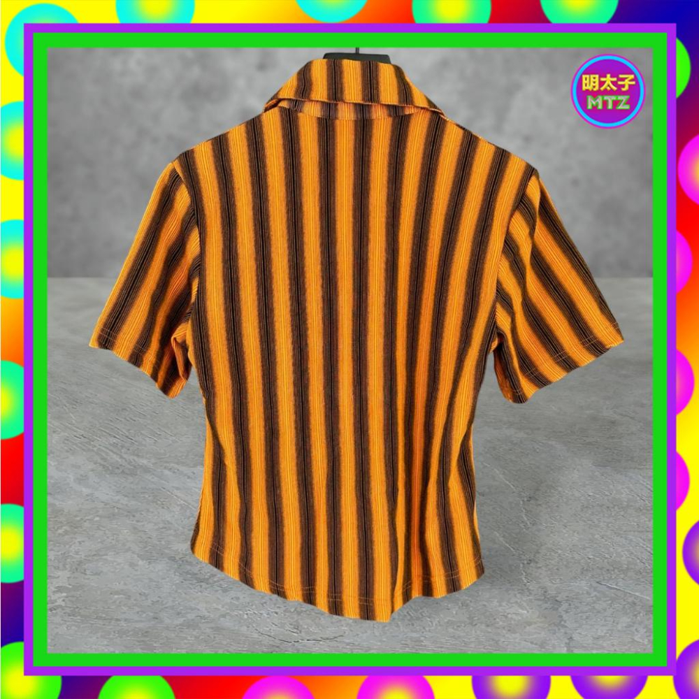 二手 亮橘黑配色 漸層條紋 微厚 彈性 短袖 襯衫 F531 【明太子 古著應召站】-細節圖3
