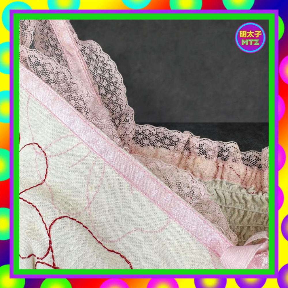 二手 BIGI 米白色 粉紅刺繡 類麻質 微挺 鬆緊背 拼接 蕾絲 緞帶 背心 PF508 【明太子 古著應召站】-細節圖2