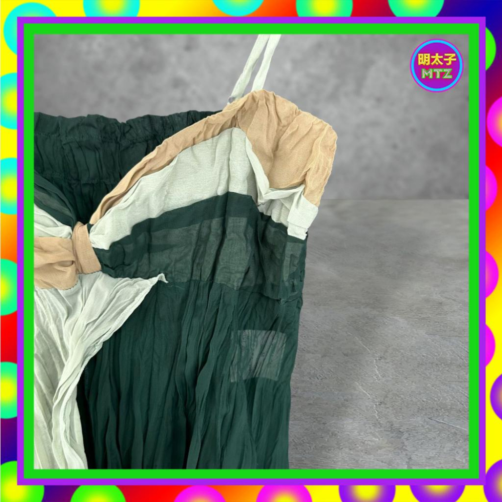 二手 AXES 綠棕配色 薄紗 壓皺 拼接 略透 抓奶皺 胸下開衩 彈性 背心 PF508 【明太子 古著應召站】-細節圖2