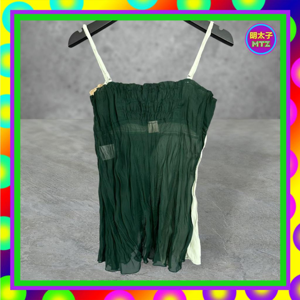 二手 AXES 綠棕配色 薄紗 壓皺 拼接 略透 抓奶皺 胸下開衩 彈性 背心 PF508 【明太子 古著應召站】-細節圖3