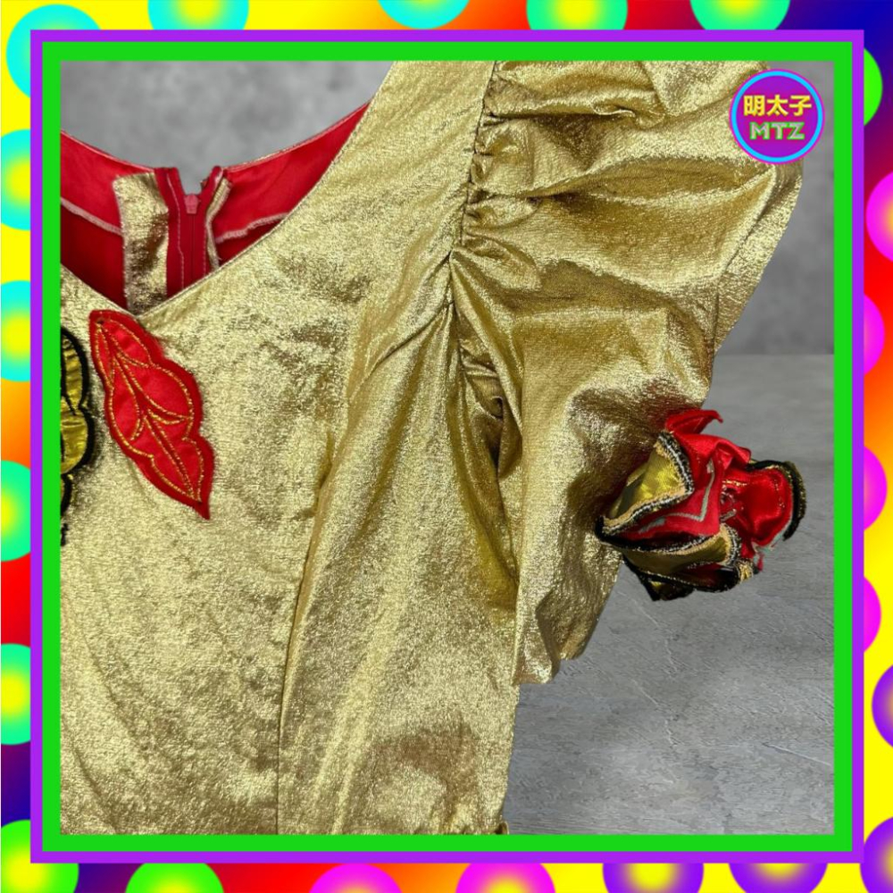 二手 金紅配色 金屬光澤 略挺 拼接 刺繡 緞面 泡袖 手工訂製 禮服 短袖 洋裝 PMF17 【明太子 古著應召站】-細節圖2