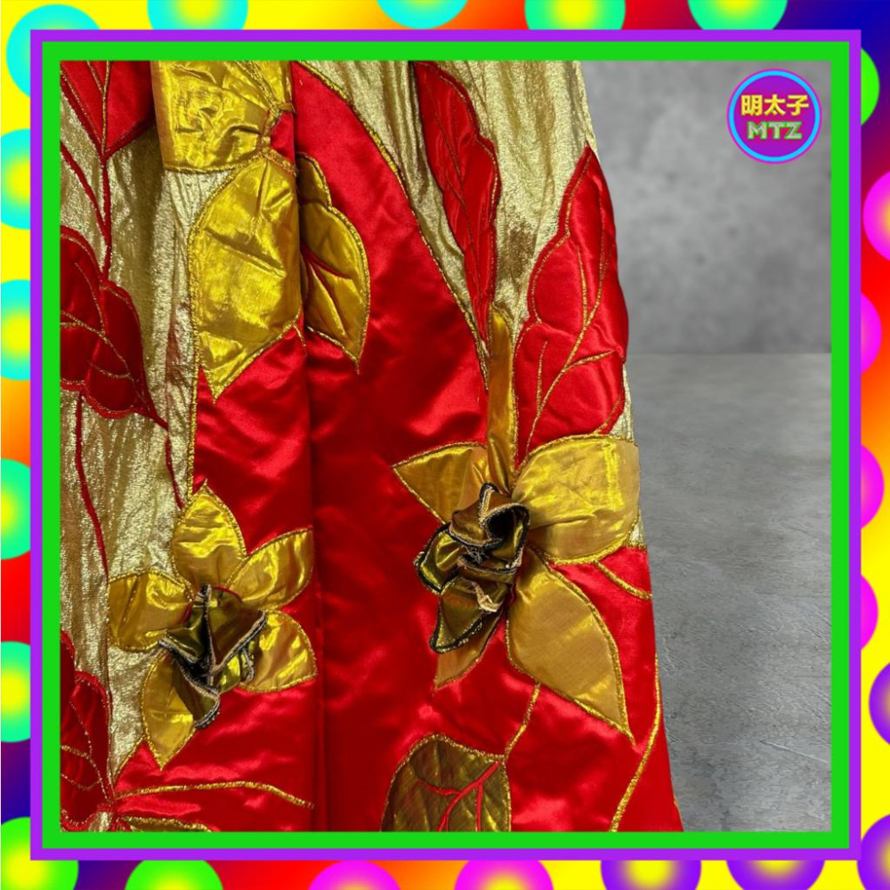 二手 金紅配色 金屬光澤 略挺 拼接 刺繡 緞面 泡袖 手工訂製 禮服 短袖 洋裝 PMF17 【明太子 古著應召站】-細節圖3