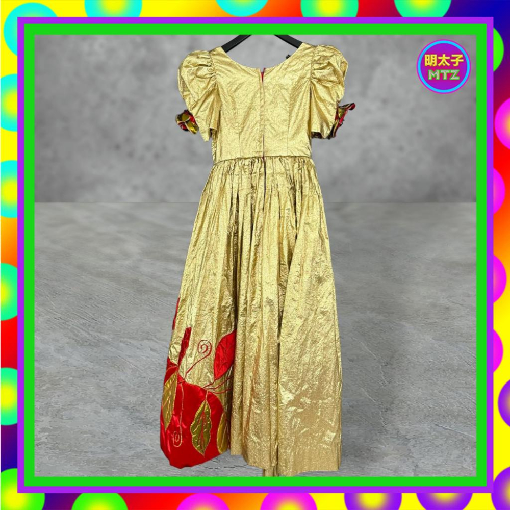 二手 金紅配色 金屬光澤 略挺 拼接 刺繡 緞面 泡袖 手工訂製 禮服 短袖 洋裝 PMF17 【明太子 古著應召站】-細節圖4