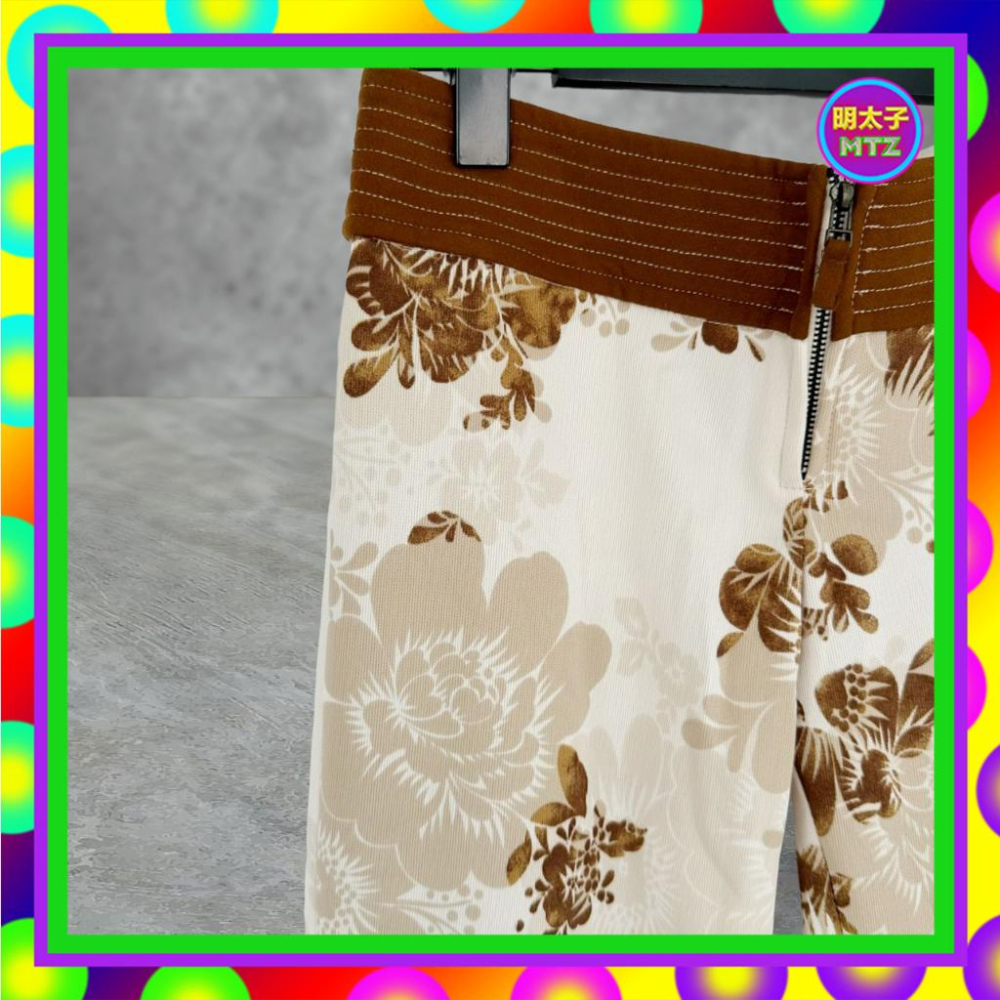 IN TOO 米咖配色 印花 微挺 彈性 拼接 麂皮絨 小喇叭 低腰 29 長褲 PF426 【明太子 古著應召站】-細節圖2