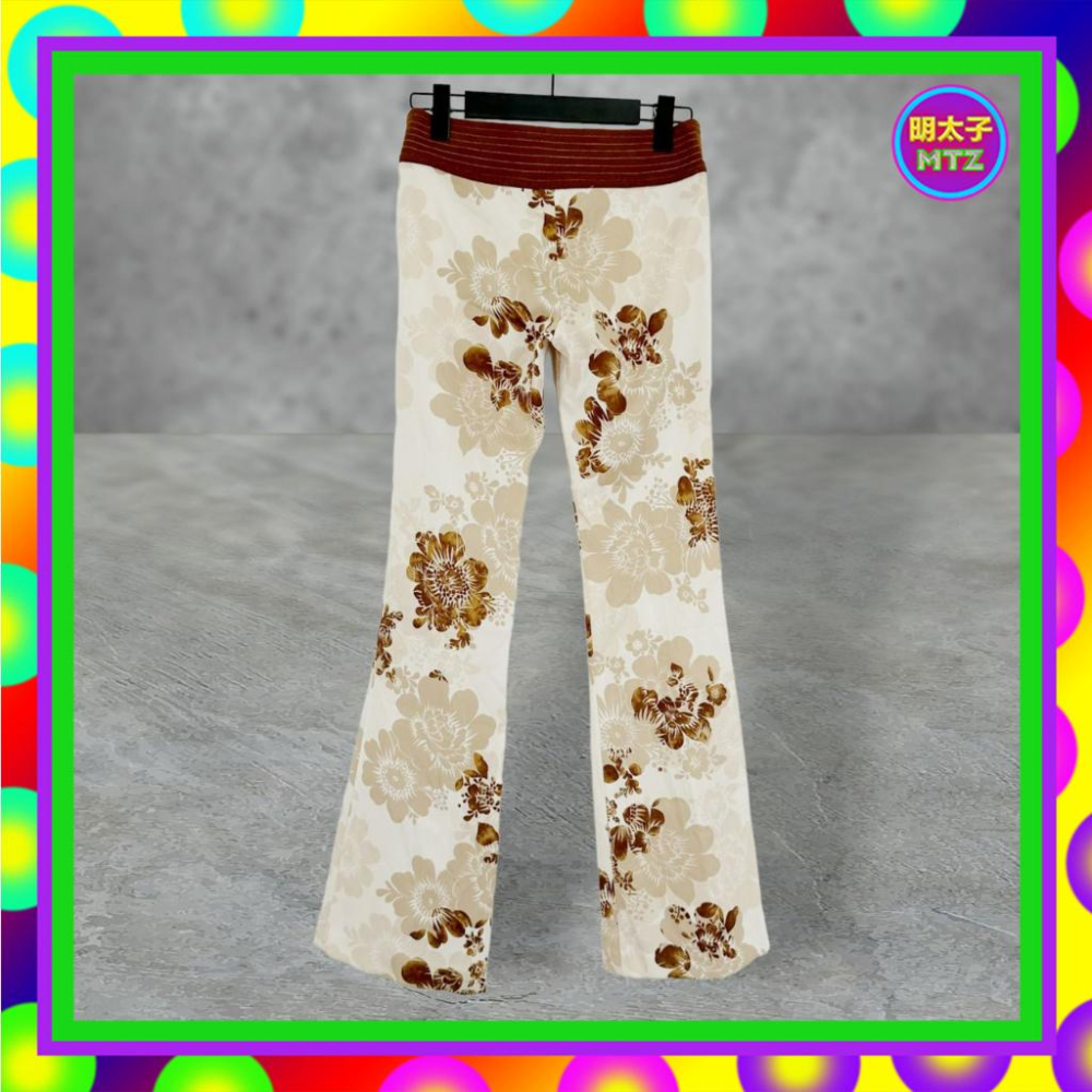 IN TOO 米咖配色 印花 微挺 彈性 拼接 麂皮絨 小喇叭 低腰 29 長褲 PF426 【明太子 古著應召站】-細節圖3