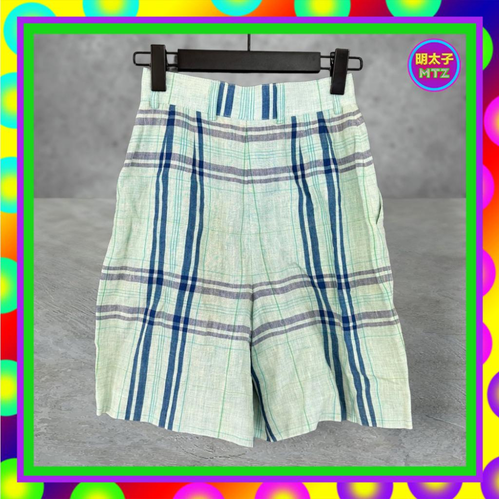 二手 ESCADA 藍色 格紋 類麻質 略硬挺 拼接 口袋 高腰 23 短褲 PF426 【明太子 古著應召站】-細節圖3