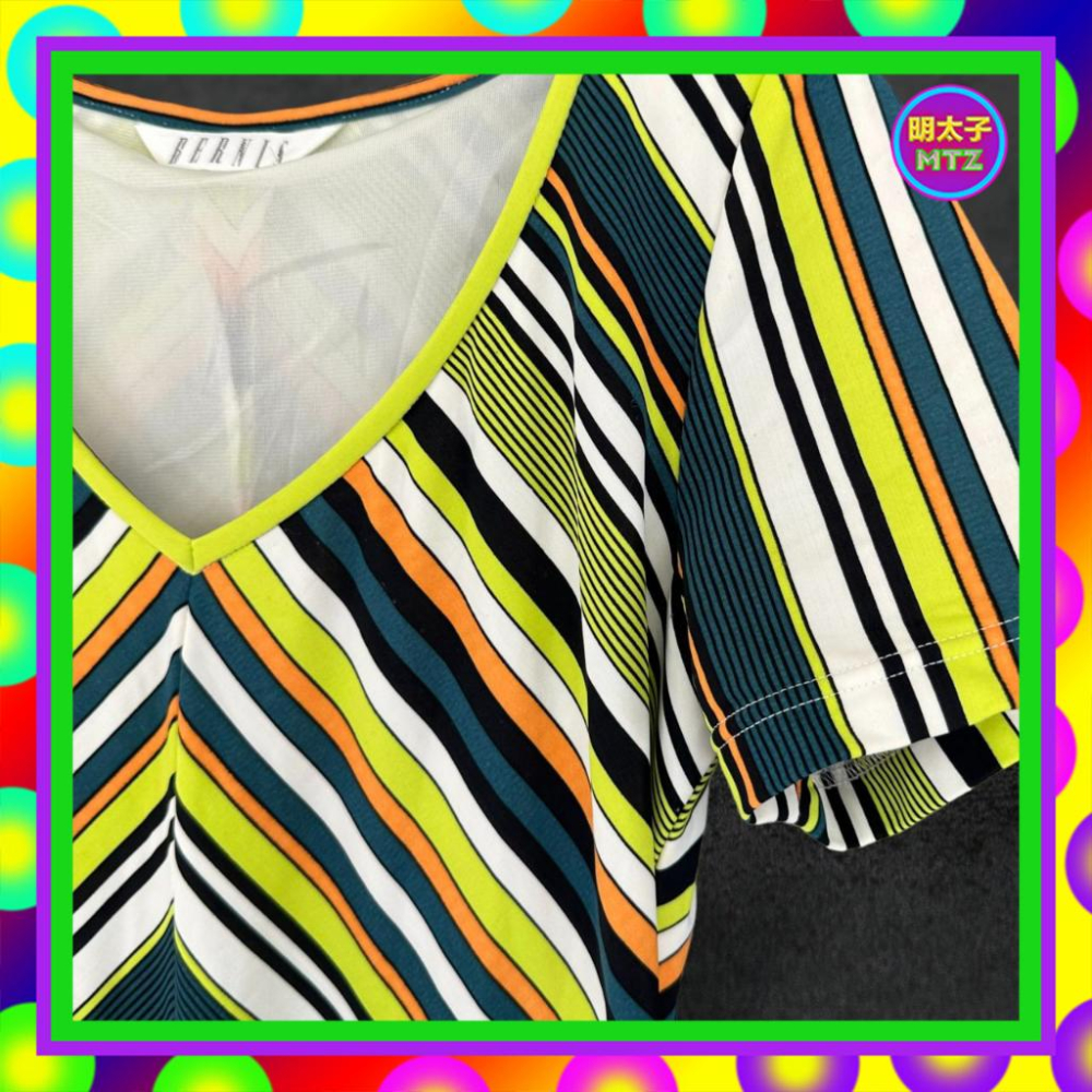 二手 BERNIS 彩色 線條 彈性 拼接 短袖 洋裝 PF421 【明太子 古著應召站】-細節圖2