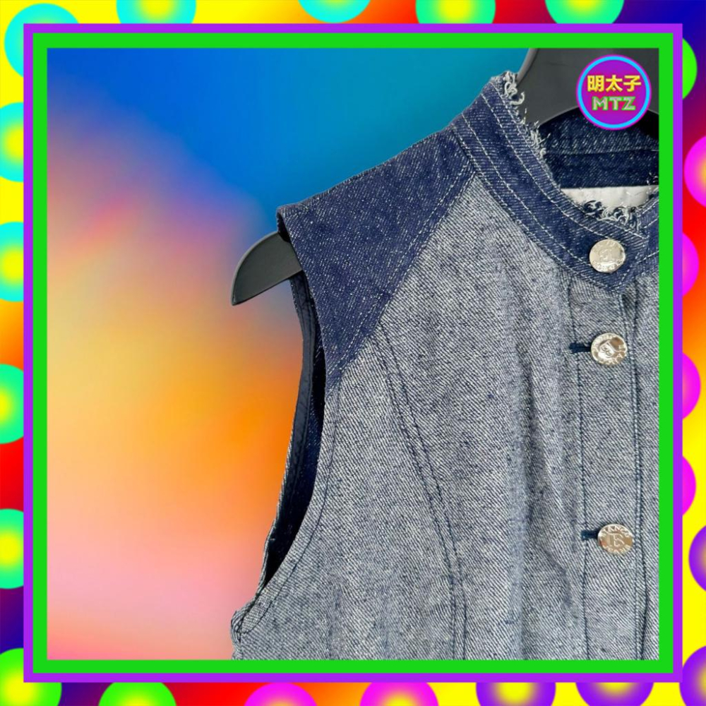 二手 BIANCO 藍色 薄牛仔 銀蔥 拼接 刺繡 排釦 背心 PF419 【明太子 古著應召站】-細節圖3