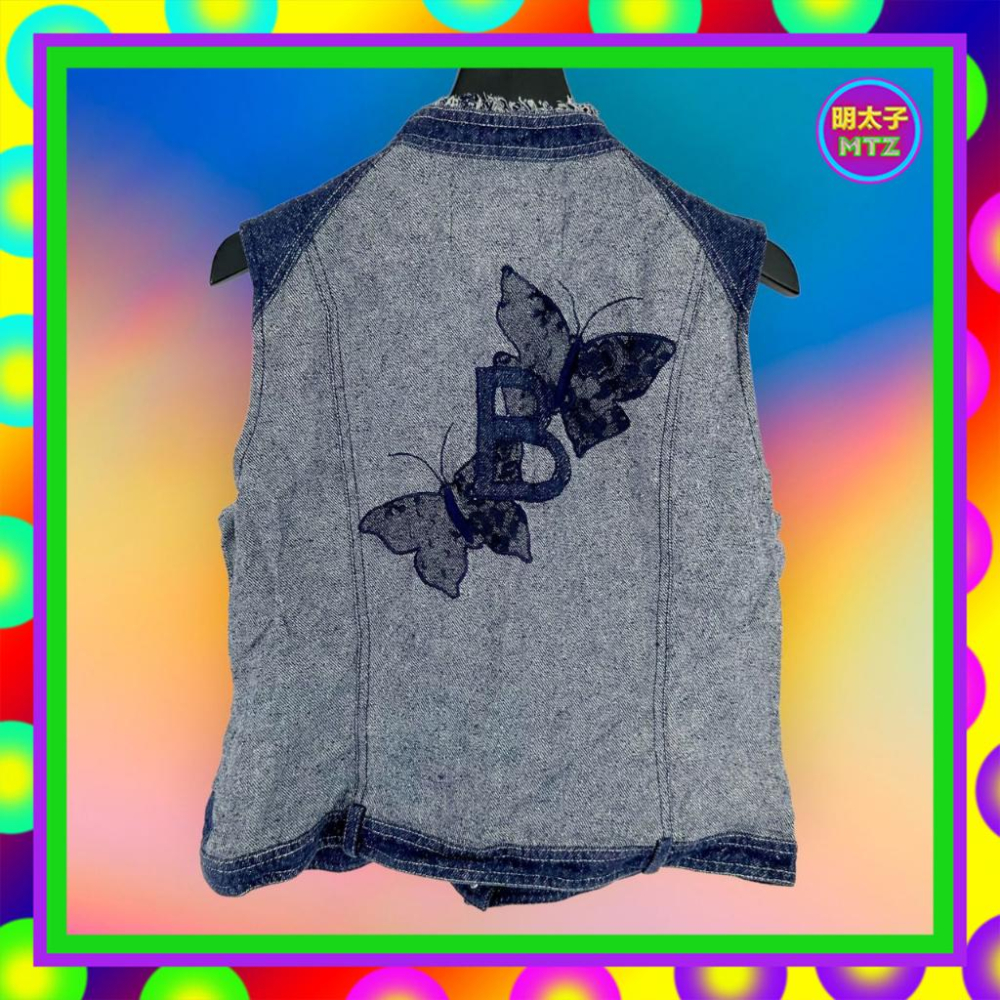 二手 BIANCO 藍色 薄牛仔 銀蔥 拼接 刺繡 排釦 背心 PF419 【明太子 古著應召站】-細節圖4