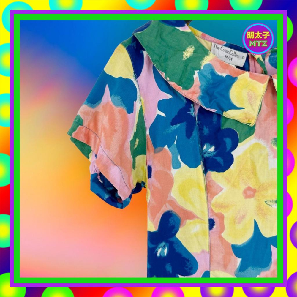 二手 彩色 印花 微挺 拼接 摺縫 大傘裙 短袖 洋裝 F404 【明太子 古著應召站】-細節圖2