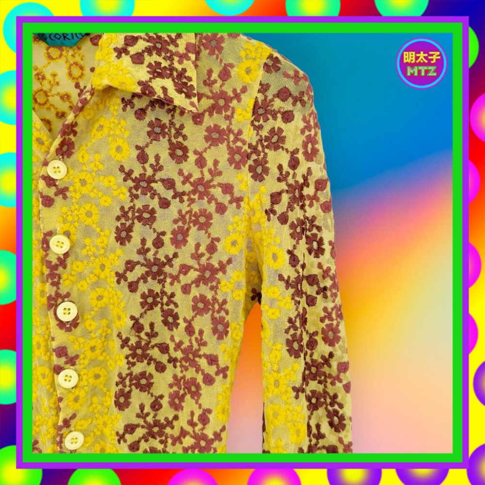 二手 COCORICO 黃紅 繡花網眼 微透 彈性 長袖 襯衫 F320 【明太子 古著應召站】-細節圖2