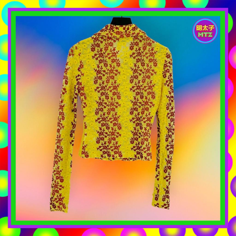 二手 COCORICO 黃紅 繡花網眼 微透 彈性 長袖 襯衫 F320 【明太子 古著應召站】-細節圖3