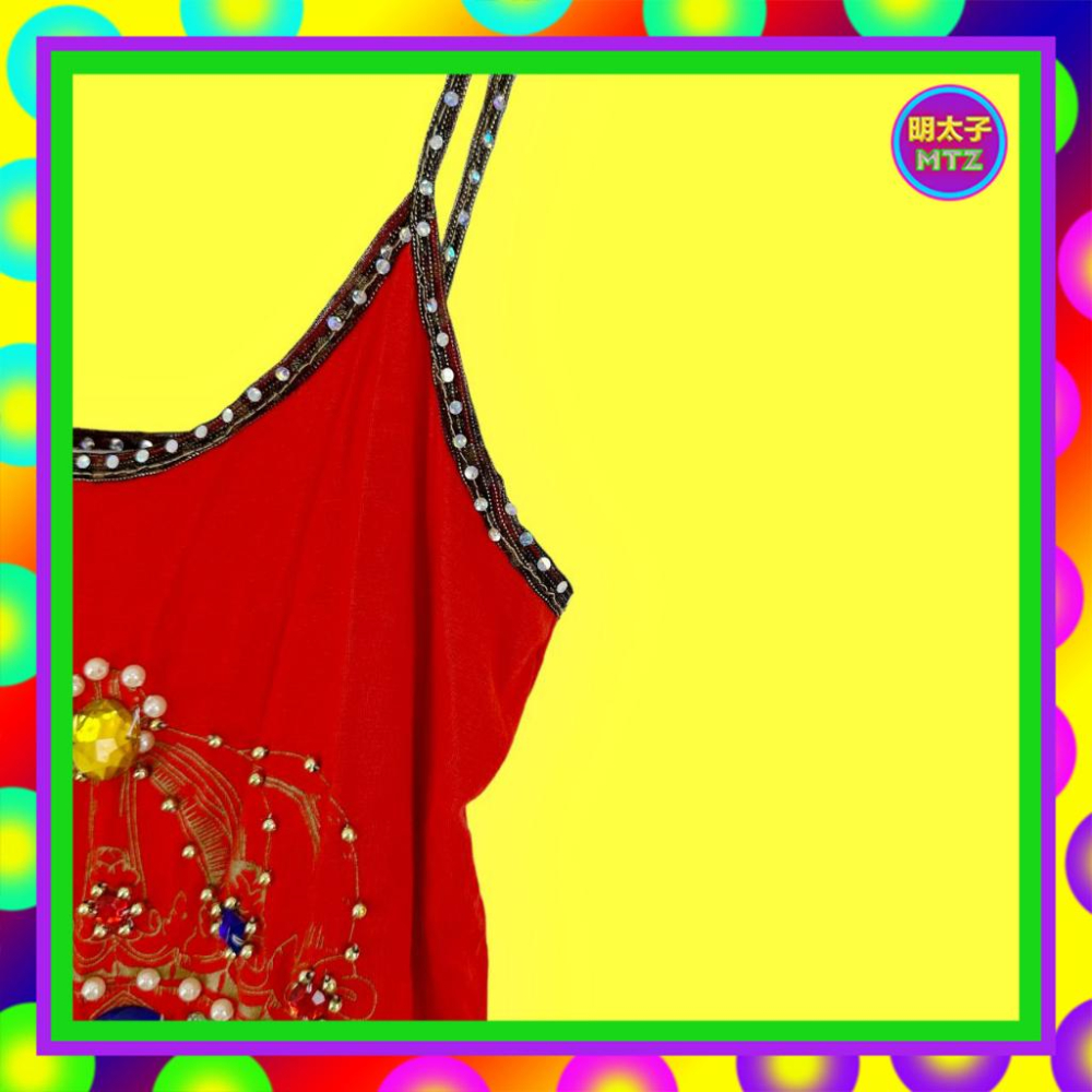 二手 E世代 紅色 輕薄軟 彈性 拼接 印花 鑽飾 珠飾 亮片 背心 F317B 【明太子 古著應召站】-細節圖2