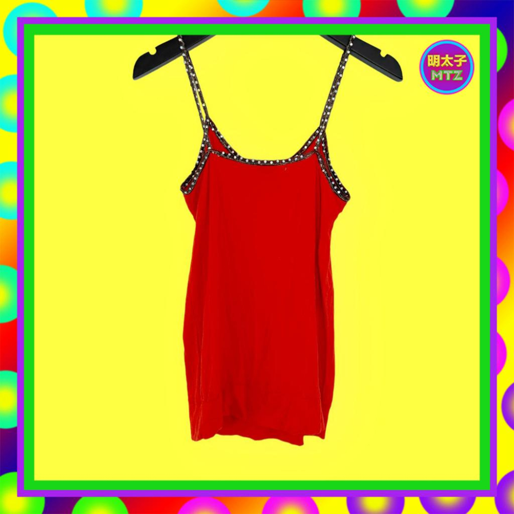 二手 E世代 紅色 輕薄軟 彈性 拼接 印花 鑽飾 珠飾 亮片 背心 F317B 【明太子 古著應召站】-細節圖3