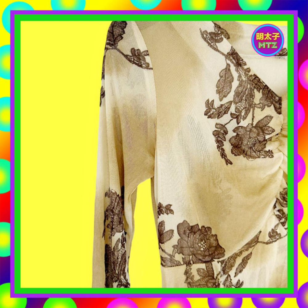 二手 棕咖配色 輕薄軟 細網 彈性 印花 透明 拼接 抓奶皺 無拉鍊 合身 長袖 洋裝 F309 【明太子 古著應召站】-細節圖2