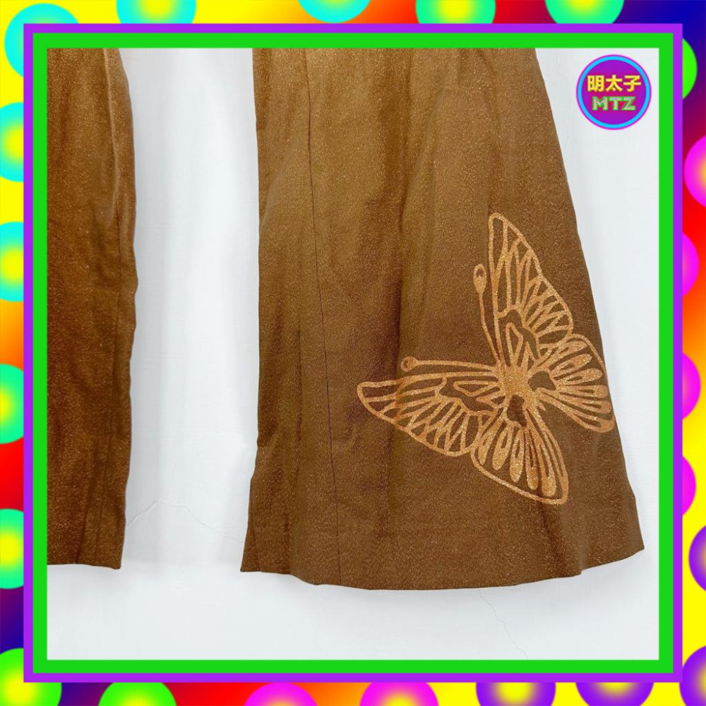 二手 BIGI 棕咖 略硬挺 閃耀 彈性 蝴蝶印花 腰飾 大喇叭 低腰 28 長褲 PF303 【明太子 古著應召站】-細節圖2