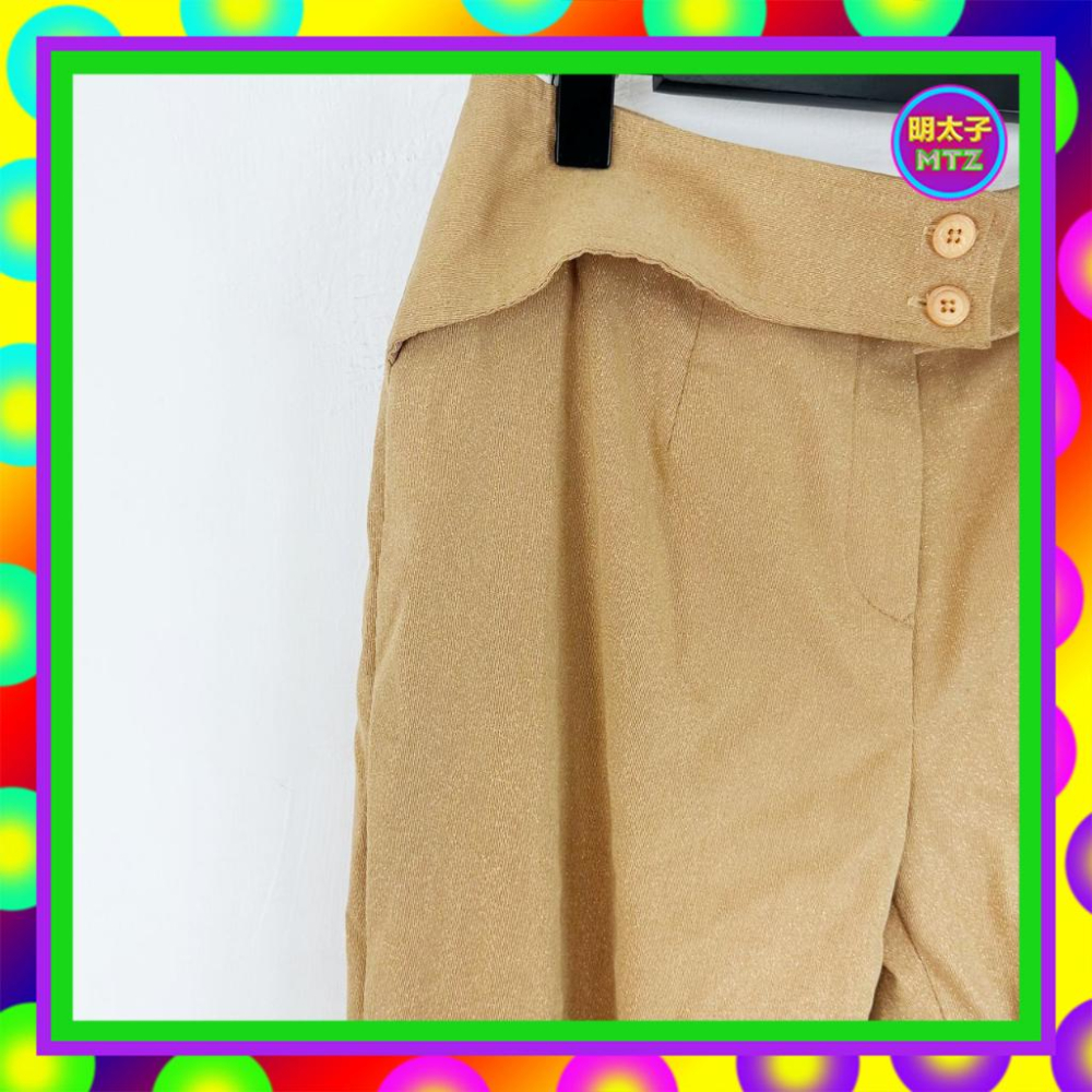 二手 BIGI 棕咖 略硬挺 閃耀 彈性 蝴蝶印花 腰飾 大喇叭 低腰 28 長褲 PF303 【明太子 古著應召站】-細節圖3