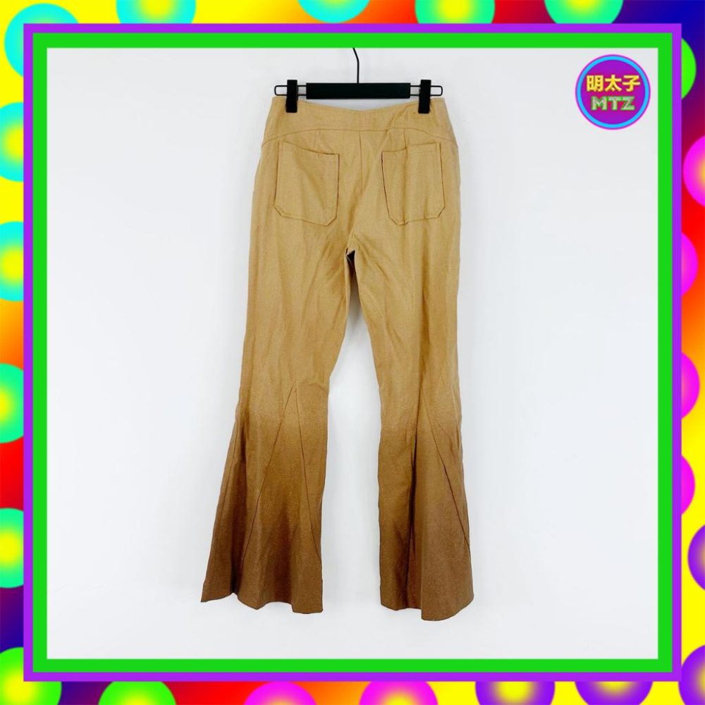 二手 BIGI 棕咖 略硬挺 閃耀 彈性 蝴蝶印花 腰飾 大喇叭 低腰 28 長褲 PF303 【明太子 古著應召站】-細節圖4