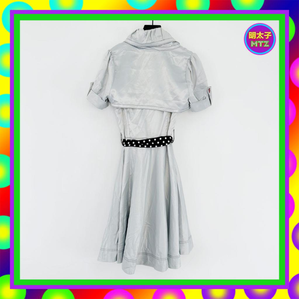 二手 POUPINE 灰藍色 緞面 微厚 兩件式 罩衫 雙排釦 附綁帶 短袖 洋裝 F306 【明太子 古著應召站】-細節圖3