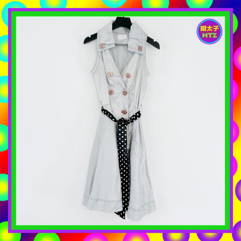 二手 POUPINE 灰藍色 緞面 微厚 兩件式 罩衫 雙排釦 附綁帶 短袖 洋裝 F306 【明太子 古著應召站】-細節圖4