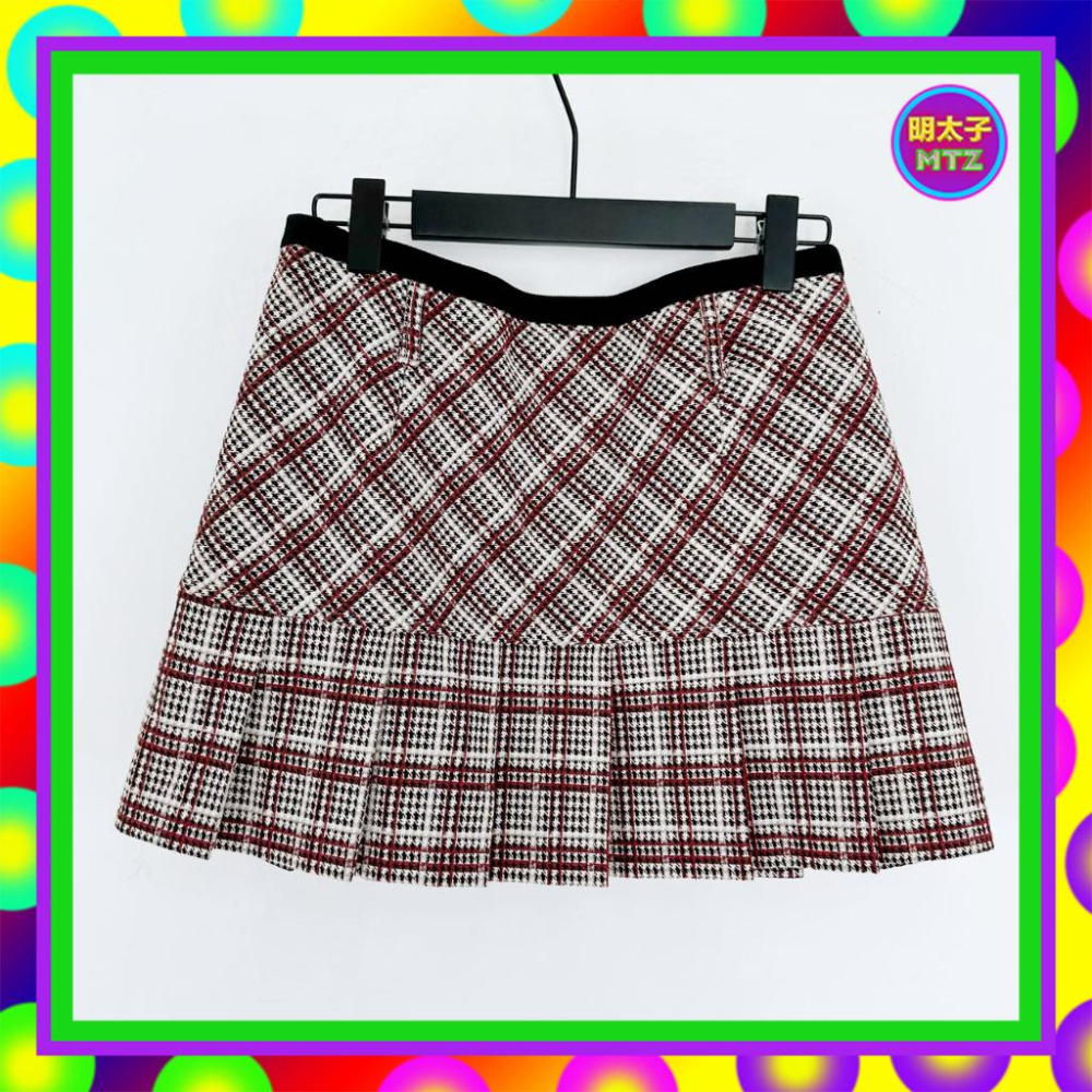 二手 COSSE 黑白紅配色 格紋 略硬挺 拼接 壓褶 迷你 低腰 30 短裙 F209 【明太子 古著應召站】-細節圖3