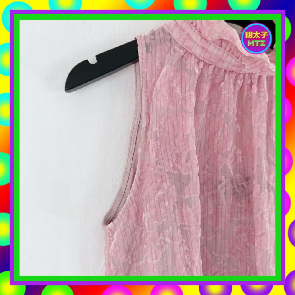 二手 BIGI 粉紅 絨印花 削肩 微透 背心 F203 【明太子 古著應召站】-細節圖2