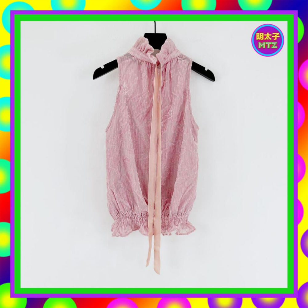 二手 BIGI 粉紅 絨印花 削肩 微透 背心 F203 【明太子 古著應召站】-細節圖4