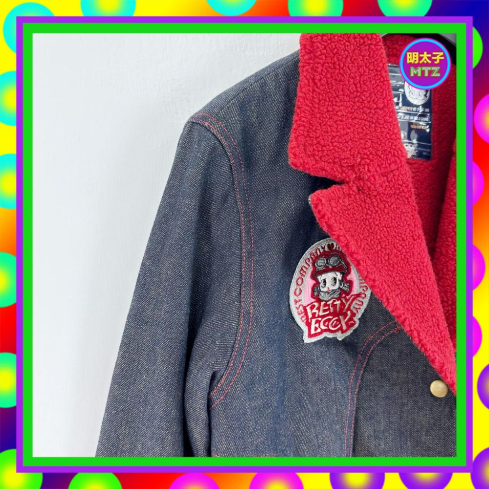 二手 貝蒂噗 黑藍紅配色 牛仔 內刷毛 厚 口袋 刺繡毛圖案 外套 大衣 MF15 【明太子 古著應召站】-細節圖2