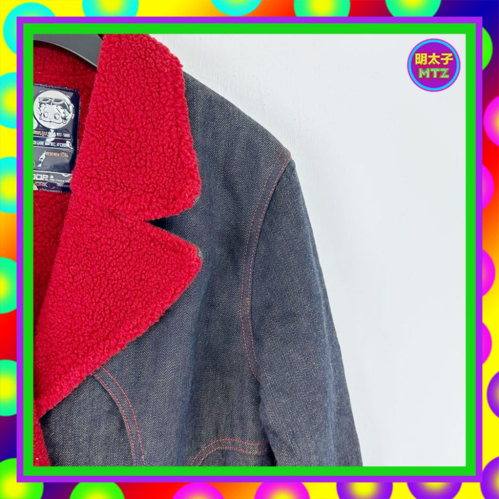 二手 貝蒂噗 黑藍紅配色 牛仔 內刷毛 厚 口袋 刺繡毛圖案 外套 大衣 MF15 【明太子 古著應召站】-細節圖3
