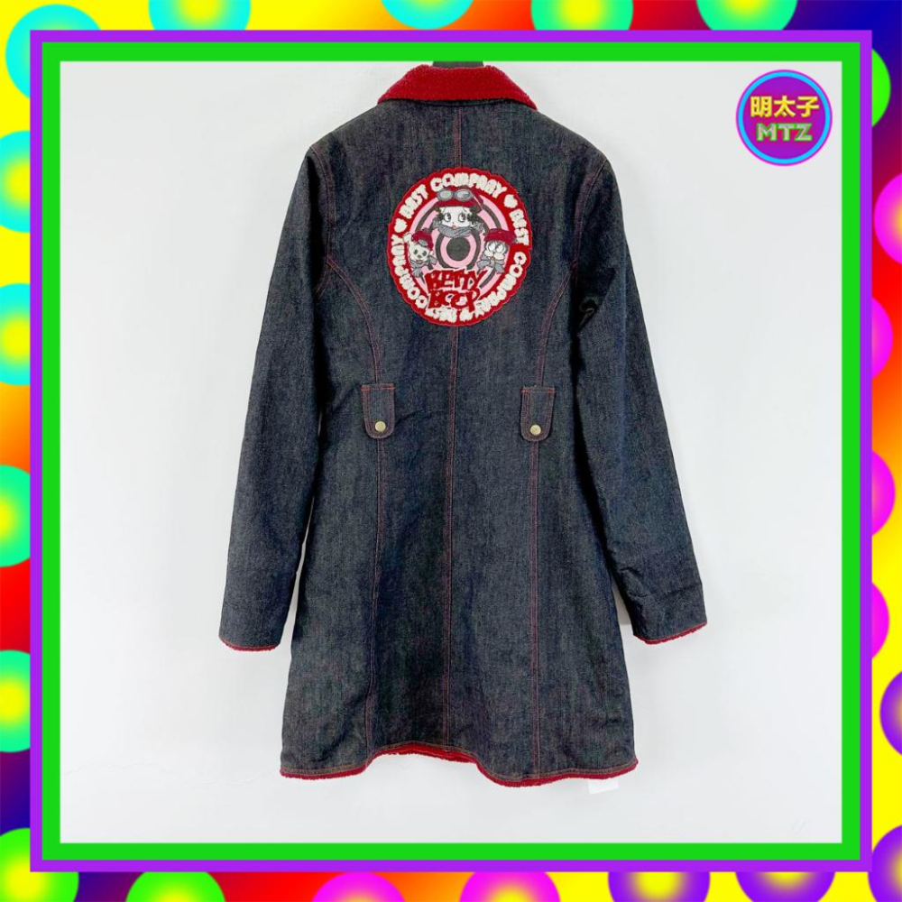 二手 貝蒂噗 黑藍紅配色 牛仔 內刷毛 厚 口袋 刺繡毛圖案 外套 大衣 MF15 【明太子 古著應召站】-細節圖4
