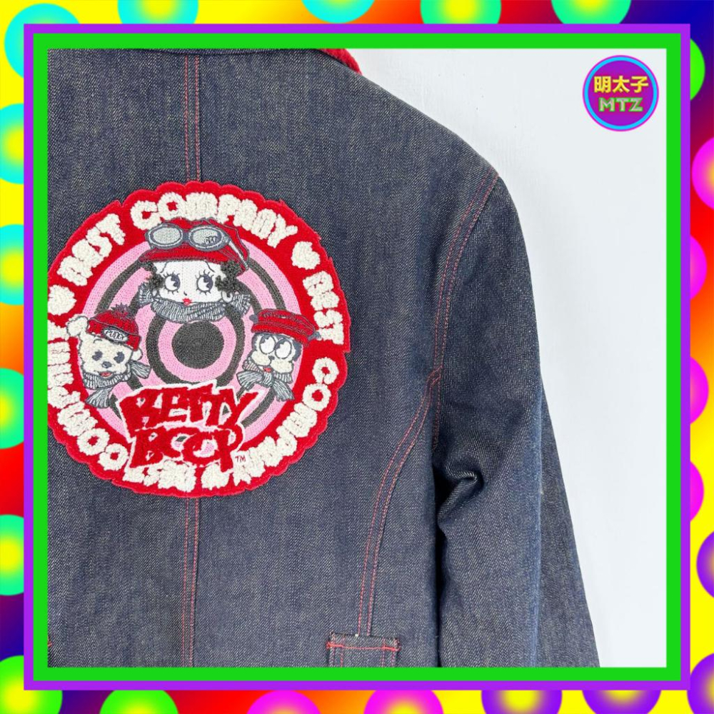 二手 貝蒂噗 黑藍紅配色 牛仔 內刷毛 厚 口袋 刺繡毛圖案 外套 大衣 MF15 【明太子 古著應召站】-細節圖5