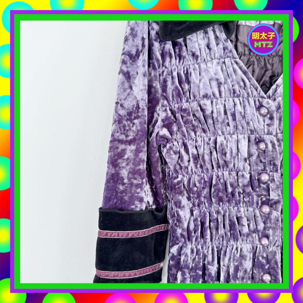 二手 紫色 絨布 抓皺 彈性 拼接 排釦 罩衫 長袖 洋裝 F119 【明太子 古著應召站】-細節圖2