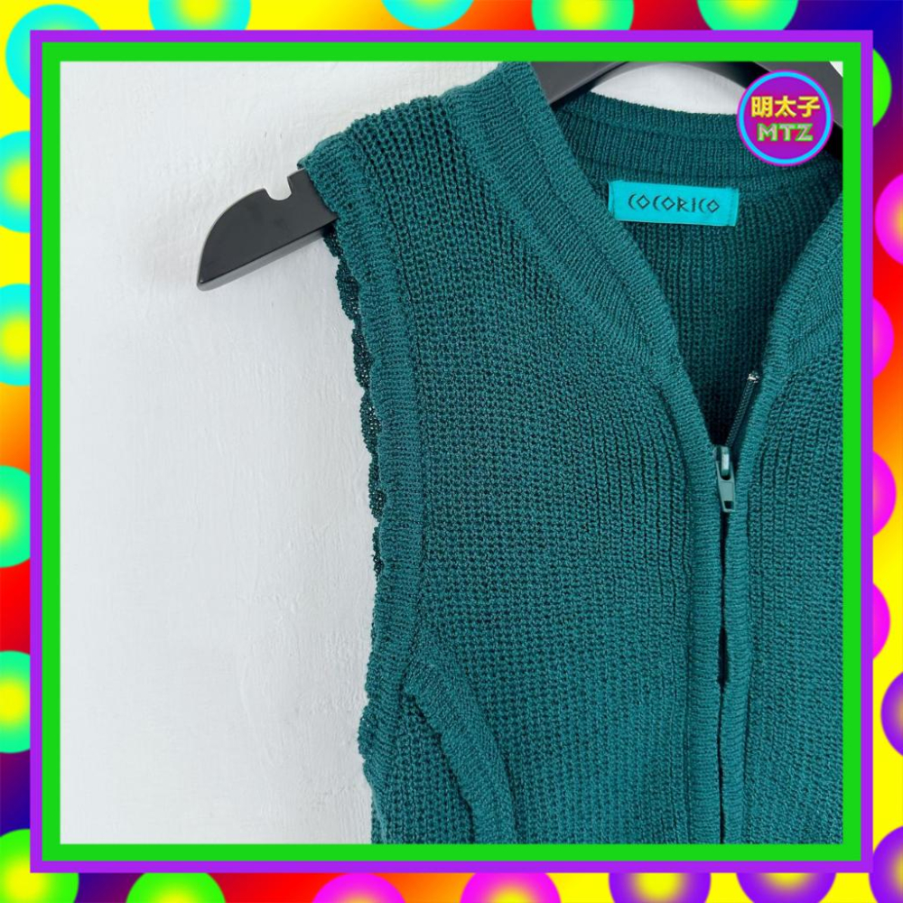 二手 COCORICO 藍綠色 針織 高彈性 拼接 拉鍊 背心 F111 【明太子 古著應召站】-細節圖2