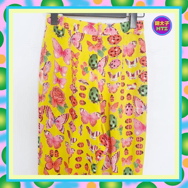 二手 froii froii 黃色 昆蟲印花 輕薄飄逸 口袋 無內裡 高腰 23 長褲 E605 【明太子 古著應召站】-細節圖2