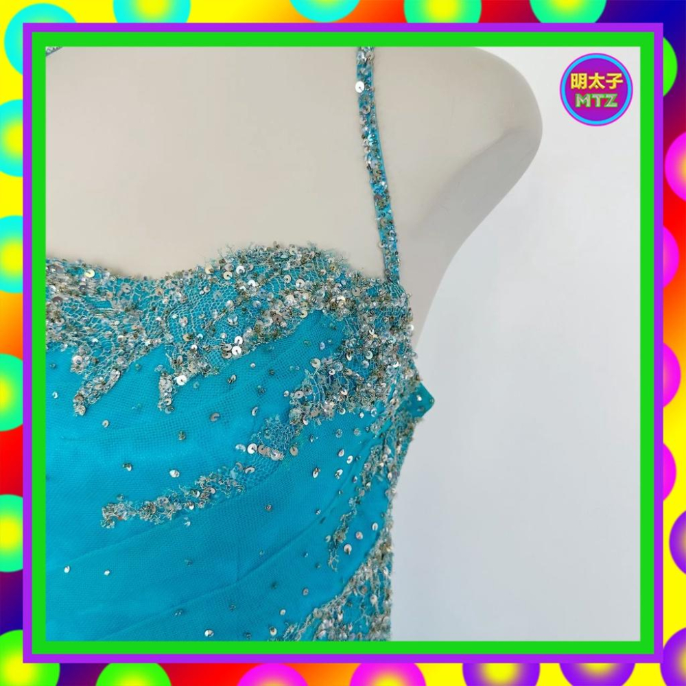 二手 藍色 細網 珠飾 亮片 禮服 壓褶 禮服 繞頸 洋裝 E1212B 【明太子 古著應召站】-細節圖2