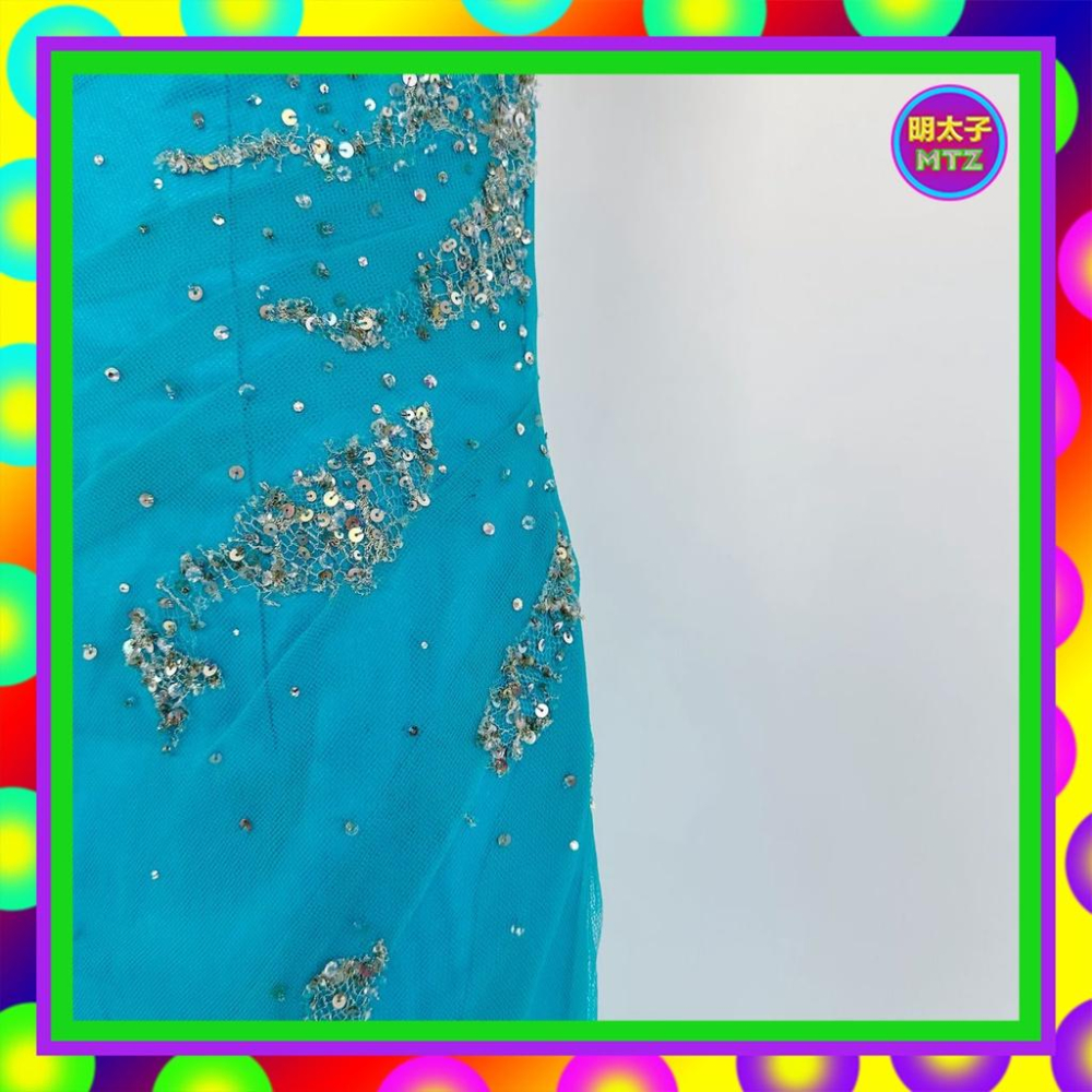 二手 藍色 細網 珠飾 亮片 禮服 壓褶 禮服 繞頸 洋裝 E1212B 【明太子 古著應召站】-細節圖3