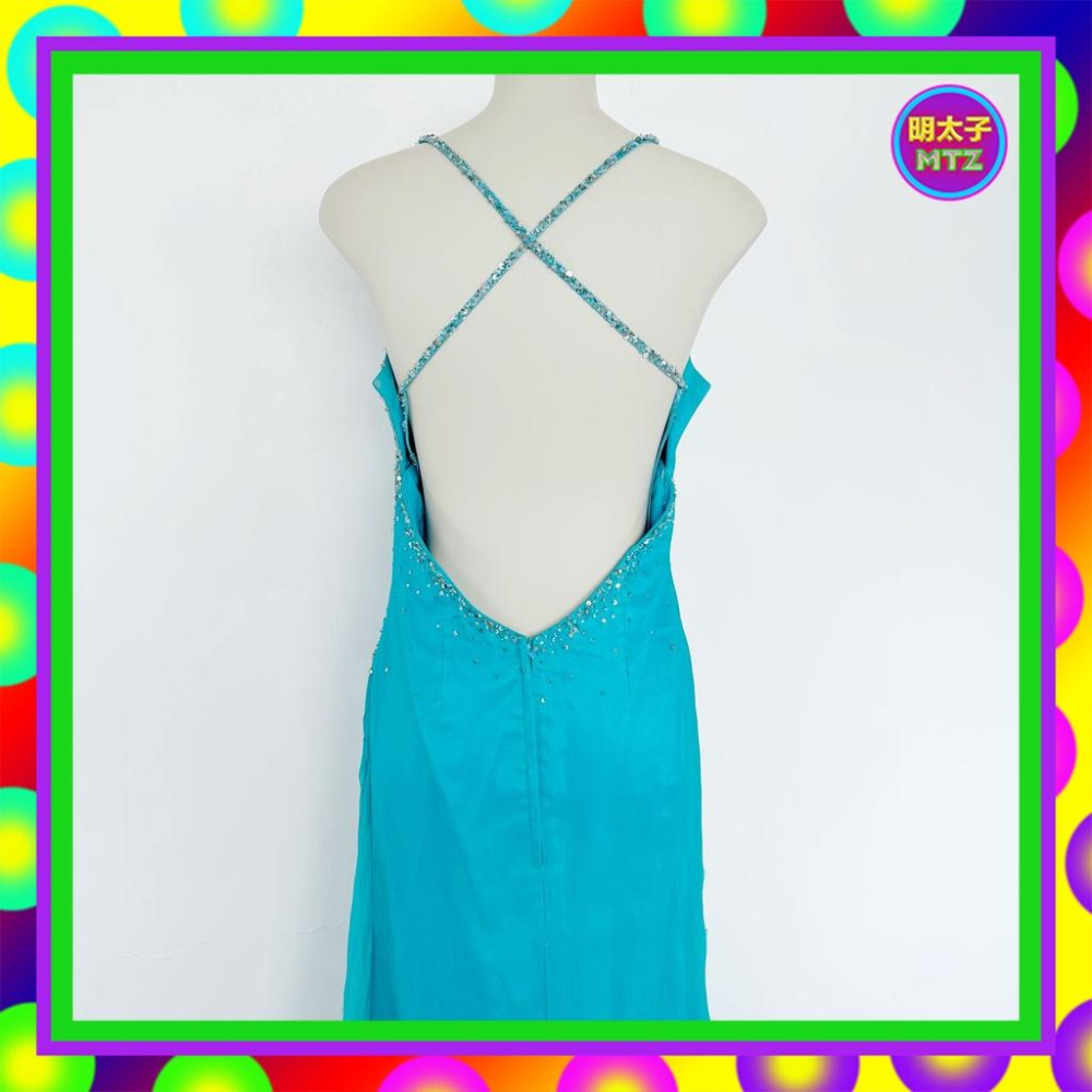 二手 藍色 細網 珠飾 亮片 禮服 壓褶 禮服 繞頸 洋裝 E1212B 【明太子 古著應召站】-細節圖4